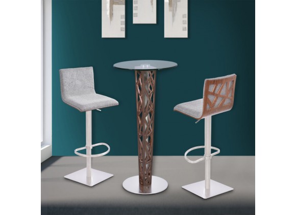 Armen Living Crystal Bar Table with Walnut Veneer column and Brushed Stainless Steel finish with Clear Tempered Glass Top