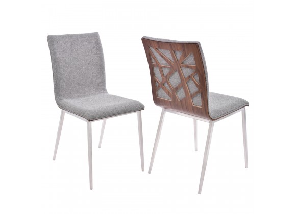 Armen Living Crystal Dining Chair in Brushed Stainless Steel finish with Grey Fabric and Walnut Back - Set of 2