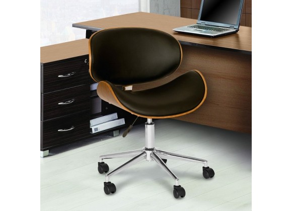 Armen Living Daphne Modern Office Chair In Chrome Finish With Gray/Black Faux Leather And Walnut Veneer Back