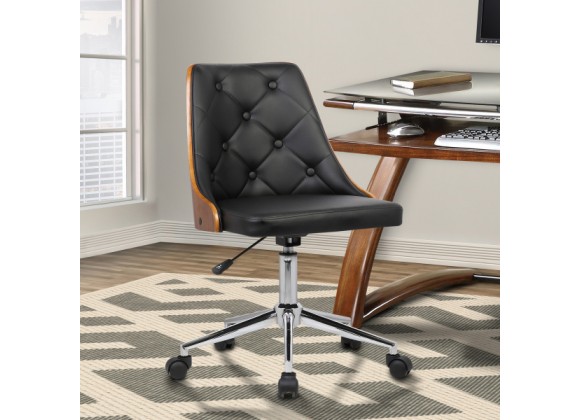 Armen Living Diamond Mid-Century Office Chair In Chrome finish With Tufted Black Faux Leather And Walnut Veneer Back