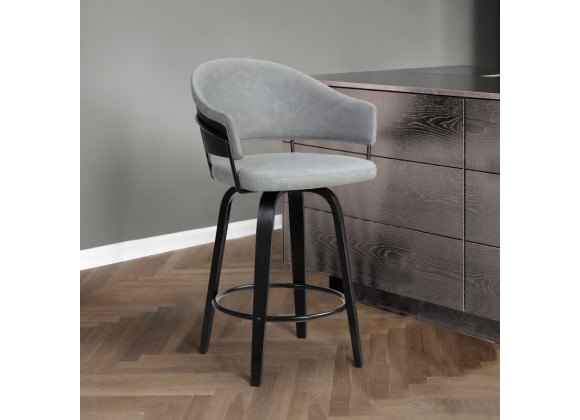 Armen Living Doral 26" Dark Gray Faux Leather Barstool in Black Powder Coated Finish and Black Brushed Wood