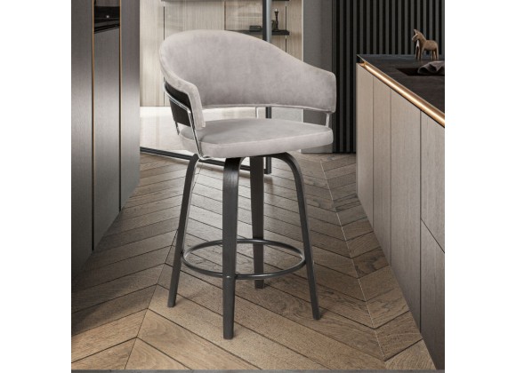 Armen Living Doral 26" Light Gray Velvet Barstool in Black Powder Coated Finish with Chrome and Black Brushed Wood