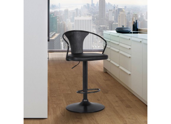 Armen Living Eagle Adjustable Height Swivel BlackFaux Leather and Wood Bar Stool with Black Metal Base