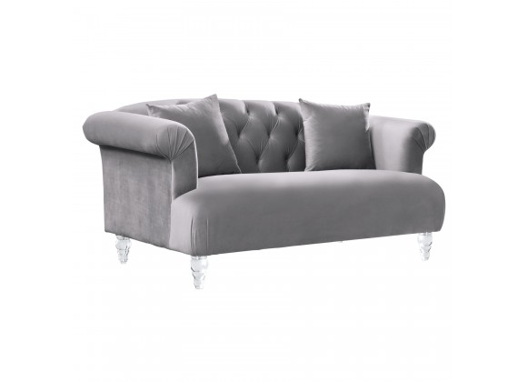 Elegance Contemporary Loveseat in Grey Velvet with Acrylic Legs - Angled