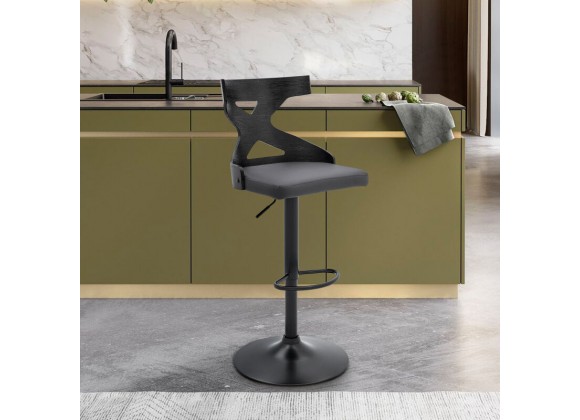 Armen Living Etienne Adjustable Swivel Gray Faux Leather and Black Metal Bar Stool