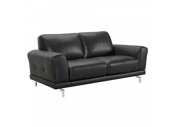 Armen Living Everly Contemporary Loveseat in Genuine Black Leather with Brushed Stainless Steel Legs - Angled