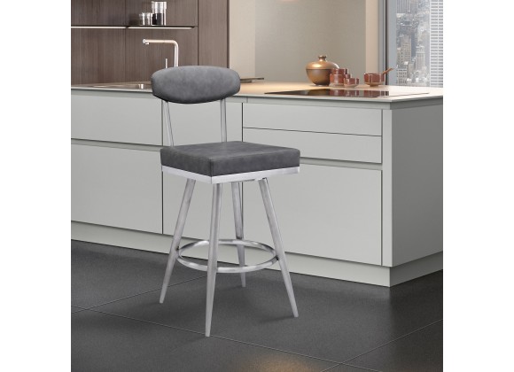Evan Contemporary 26" Counter Height Barstool in Brushed Stainless Steel Finish and Vintage Grey Faux Leather