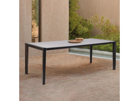 Armen Living Fineline Indoor Outdoor 80" Rectangle Dining Table in Dark Eucalyptus Wood and Super Stone