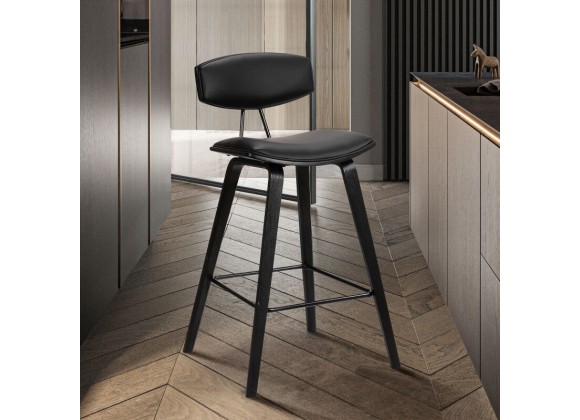 Armen Living Fox 25.5" Counter Height Black Faux Leather and Black Wood Mid-Century Modern Bar Stool