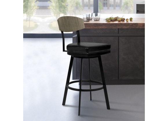 Armen Living Frisco 30" Bar Height Barstool in Matte Black Finish with Black Faux Leather and Gray Walnut