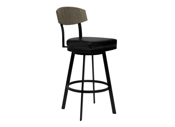 Armen Living Frisco 26" Counter Height Barstool in Matte Black Finish with Black Faux Leather and Gray Walnut