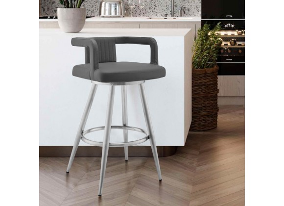 Armen Living Gabriele Gray Faux Leather and Brushed Stainless Steel Swivel Bar Stool