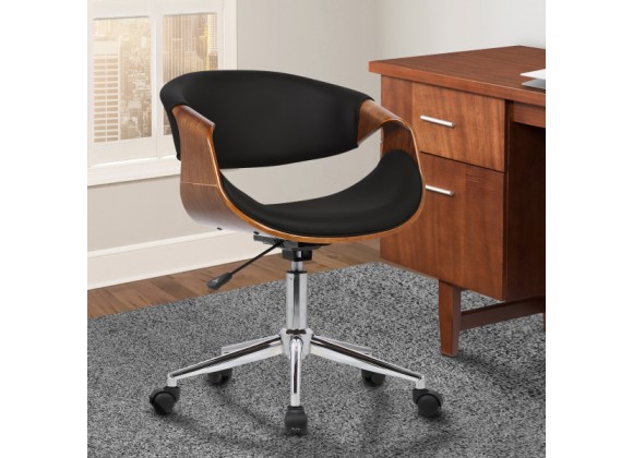 Geneva Mid-Century Office Chair in Chrome finish with Black Faux Leather and Walnut Veneer Arms