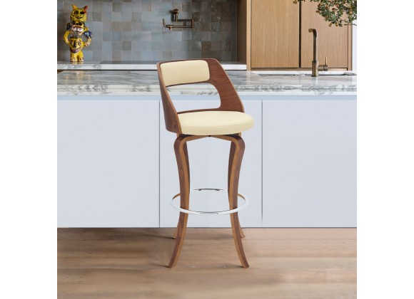 Armen Living Grady Swivel Cream Faux Leather and Walnut Wood Bar Stool