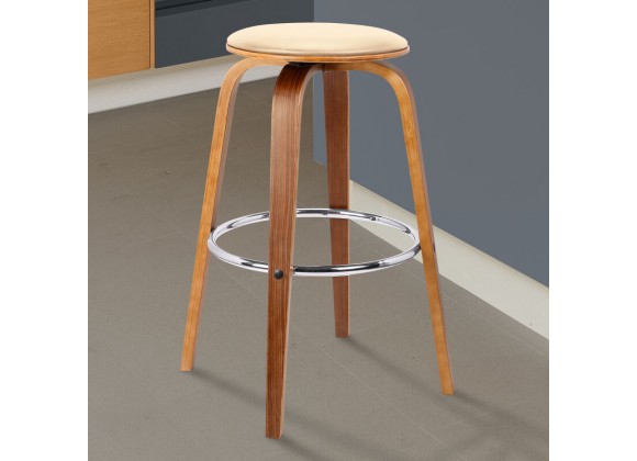 Armen Living Harbor 26" Counter Height Backless Swivel Cream Faux Leather and Walnut Wood Mid-Century Modern Bar Stool