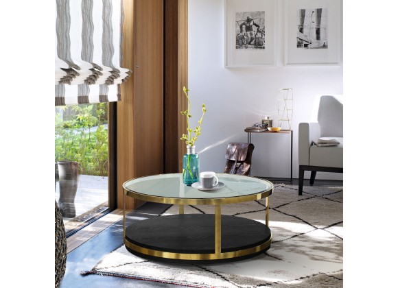 Armen Living Hattie Contemporary Coffee Table in Brushed Gold Finish and Black Wood - Lifestyle