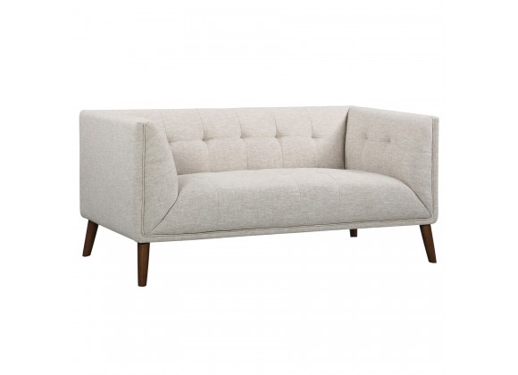 Armen Living Hudson Mid-Century Button-Tufted Loveseat in Beige Linen and Walnut Legs - Angled