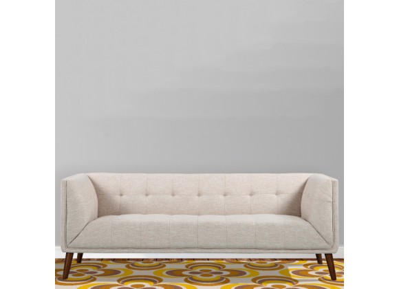 Armen Living Hudson Mid-Century Button-Tufted Sofa in Beige Linen and Walnut Legs