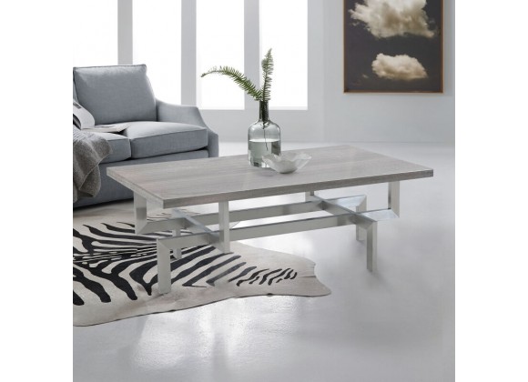 Armen Living Illusion Gray Wood Coffee Table with Brushed Stainless Steel Base