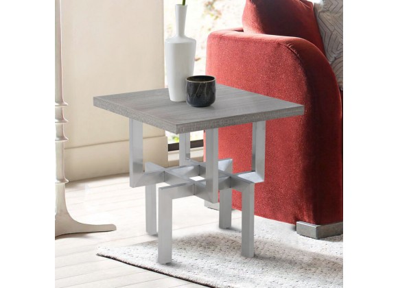 Armen Living Illusion Gray Wood End Table with Brushed Stainless Steel Base