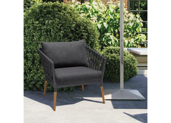 Armen Living Ipanema Outdoor Teak Wood and Rope Lounge Chair with Dark Grey Olefin