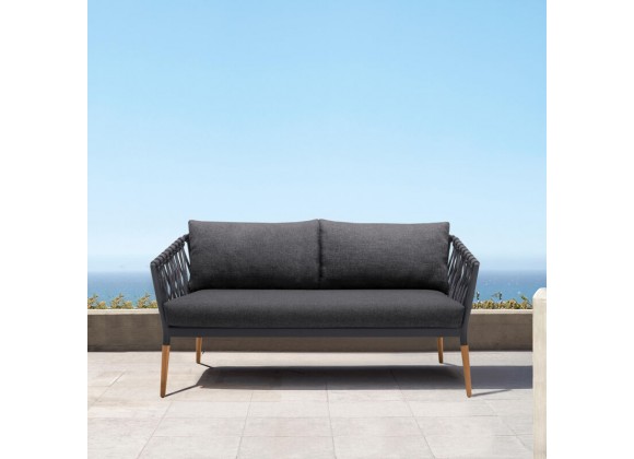 Armen Living Ipanema Outdoor Teak Wood and Rope Sofa with Dark Grey Olefin