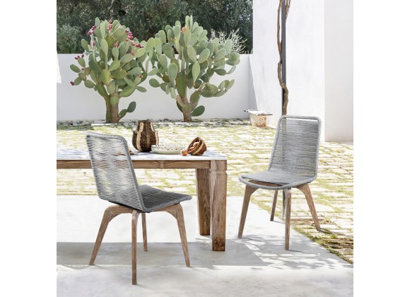 Armen Living Island Outdoor Light Eucalyptus Wood And Grey Rope Dining Chairs