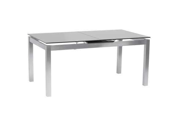Armen Living Ivan Extension Dining Table in Brushed Stainless Steel and Gray Tempered Glass Top - Angled