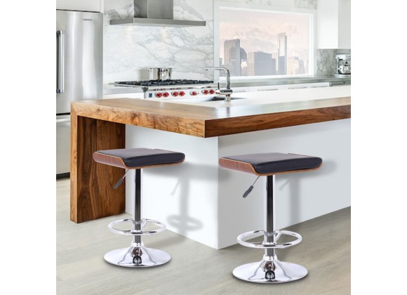 Armen Living Java Barstool in Chrome finish with Walnut wood and Black Faux Leather Set