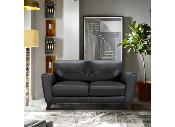 Armen Living Jedd Contemporary Loveseat in Genuine Black Leather with Brown Wood Legs - Lifestyle