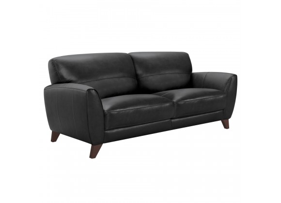Jedd Contemporary Sofa in Genuine Black Leather with Brown Wood Legs - Angled