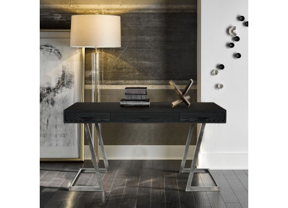 Armen Living Juniper Contemporary Desk with Polished Stainless Steel Finish and Black Top
