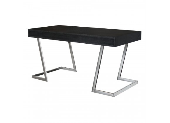 Armen Living Juniper Contemporary Desk with Polished Stainless Steel Finish and Black Top - Angled
