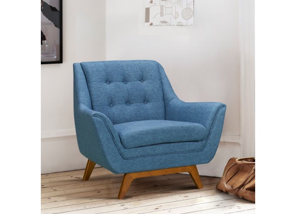 Janson Mid-Century Sofa Chair in Champagne Wood Finish and Blue Fabric - Lifestyle
