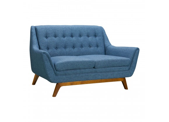Janson Mid-Century Loveseat in Champagne Wood Finish and Blue Fabric - Angled