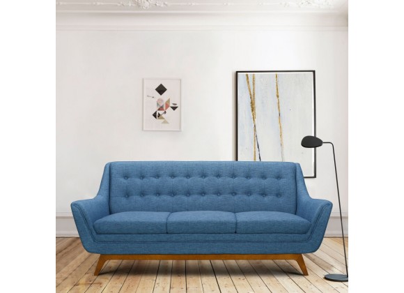 Armen Living Janson Mid-Century Sofa in Champagne Wood Finish and Blue Fabric