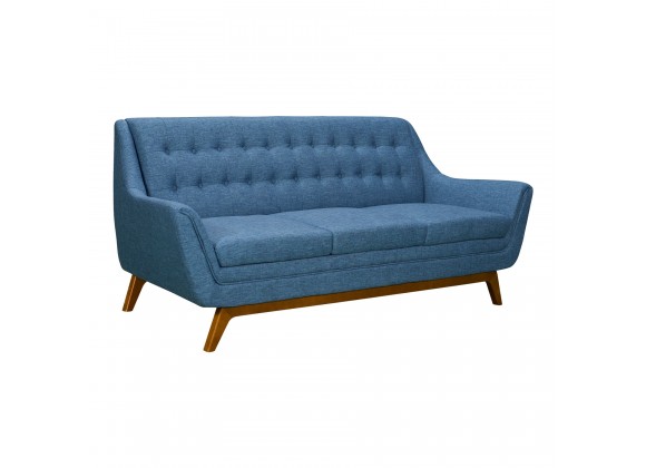 Janson Mid-Century Sofa in Champagne Wood Finish and Blue Fabric - Angled