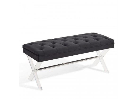 Joanna Ottoman Bench in Black Tufted Velvet with Crystal Buttons and Acrylic Legs - White BG