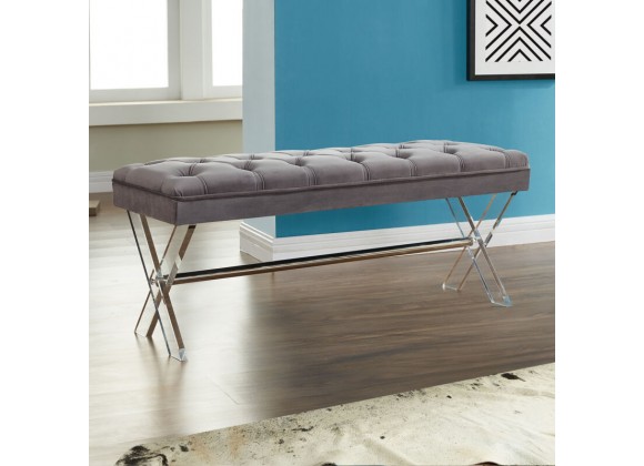 Armen Living Joanna Ottoman Bench In Gray Tufted Velvet With Crystal Buttons And Acrylic Legs 01