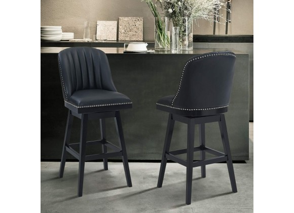 Armen Living Journey 26" Counter Height Swivel Black Faux Leather and Black Wood Bar Stool