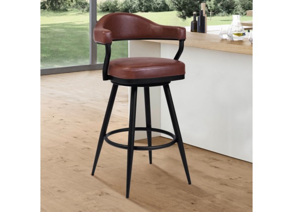 Armen Living Justin Swivel Vintage Coffee Faux Leather Bar Stool with Black Metal Legs
