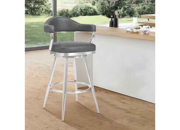 Armen Living Justin Swivel Vintage Grey Faux Leather Bar Stool with Brushed Stainless Steel Legs