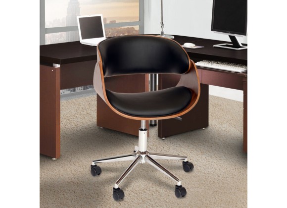 Armen Living Julian Modern Office Chair In Chrome Finish with Black Faux Leather And Walnut Veneer Back 