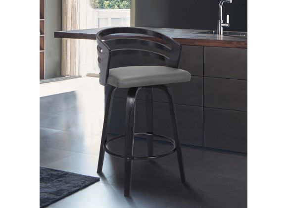 Armen Living Jayden 30" Bar Height Swivel Grey Faux Leather and Black Wood Bar Stool