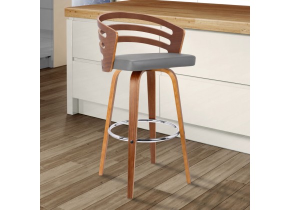 Armen Living Jayden 26" Counter Height Swivel Gray Faux Leather and Walnut Wood Bar Stool