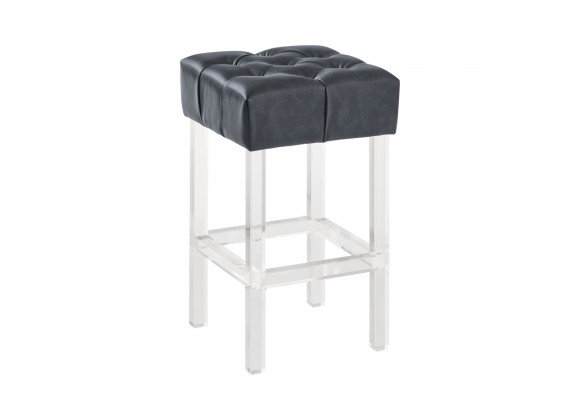 Kara Contemporary 26" Counter Height Barstool in Grey Faux Leather with Acrylic Legs - Angled