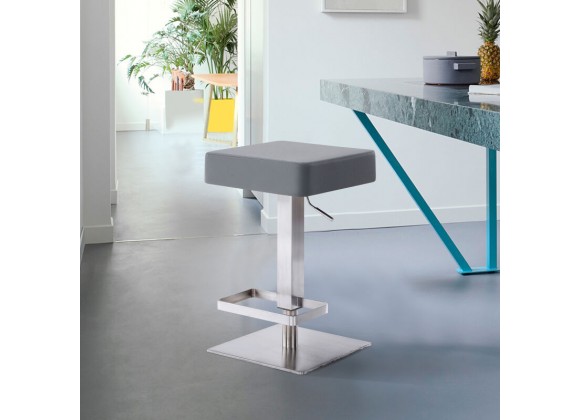 Armen Living Kaylee Adjustable Height Swivel Grey Faux Leather and Brushed Stainless Steel Backless Bar Stool