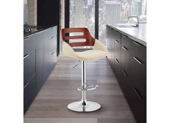 Armen Living Karter Adjustable Cream Faux Leather and Walnut Wood Bar Stool with Chrome Base