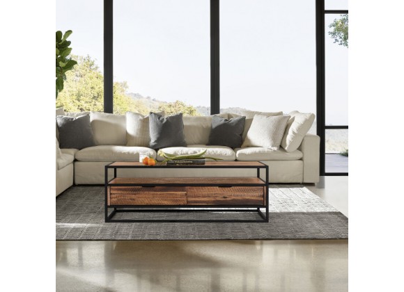 Armen Living Ludgate Rectangle Coffee Table with Shelf in Acacia and Black Metal