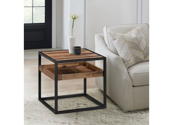 Armen Living Ludgate Square End Table with Shelf in Acacia and Black Metal